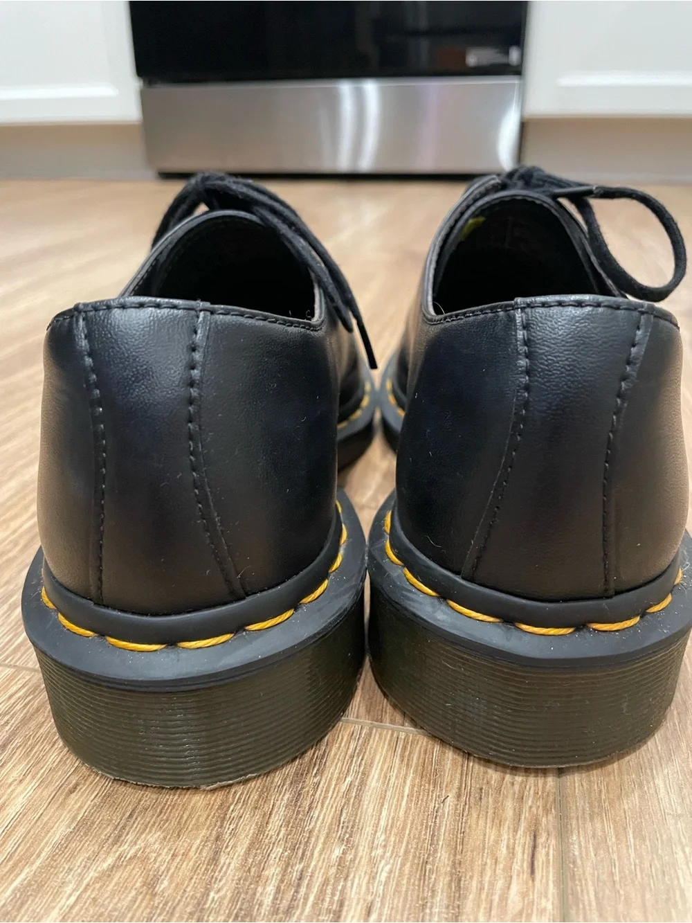 Dr. Martens Black Leather Lace-Up Oxfords with Yellow Stitching